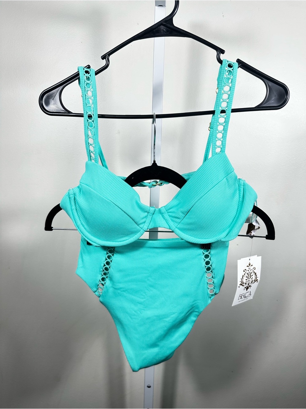 X213. BECCA Teal Ribbed Bikini Set with Decorative Ring Straps